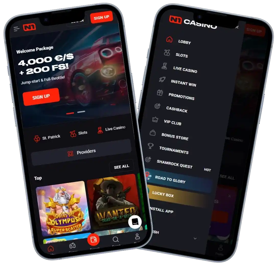 N1 Casino mobile app menu screenshot