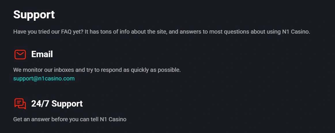 N1 Casino email and 24/7 support
